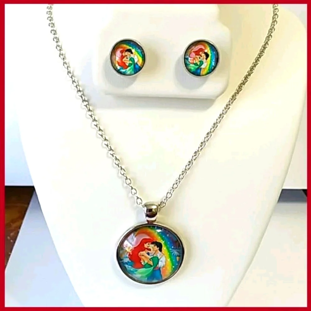 Little Mermaid Necklace & Stud Earrings Set